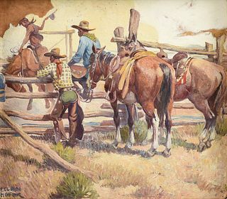 NICHOLAS (NICK) EGGENHOFER (American 1897-1985) A PAINTING, "Cowboy Breaking a Bronc," JANUARY 1930,