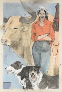 DONNA HOWELL SICKLES (American/Texas b. 1949) A COWGIRL PAINTING, "Woman, Bull, Dogs & Horse," 1999,