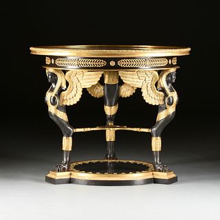 A RUSSIAN EMPIRE STYLE GRANITE TOPPED GILT AND PATINATED BRONZE CENTER TABLE, 20TH CENTURY,