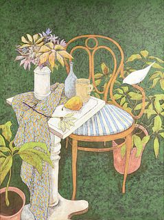 ORIS ROBERTSON (Mexican/American 1937-2002) A PAINTING, "Still Life with Chair and Pear," 1973,