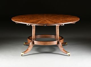 A REGENCY STYLE FLAME MAHOGANY AND PARQUETRY INLAID CIRCULAR DINING TABLE, BY E.J. VICTOR, PREMIER FURNITURE CRAFTERS, SIGNED, LATE 20TH CENTURY, 