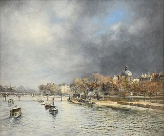 ALEXIS VOLLON (French 1865-1945) A PAINTING, "View of Le Pont des Arts from the Seine River,"