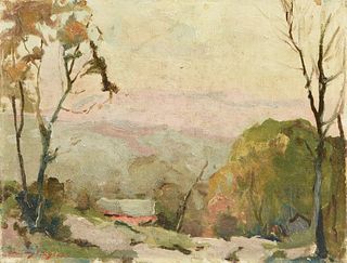 CHAUNCEY FOSTER RYDER (American 1868-1949) A PAINTING, "Red House in Landscape," EARLY 20TH CENTURY,