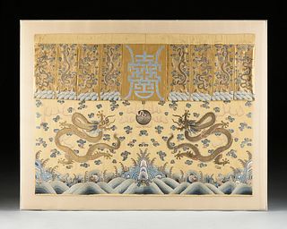 A CHINESE YELLOW GROUND "DRAGON" EMBROIDERED SILK VALANCE, QING DYNASTY (1644-1912),