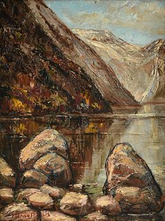 FREMONT ELLIS (American 1897-1985) A PAINTING, "Boulders by Lakeside Mountainscape," 