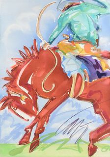 CARRIE FELL (American b. 1962) A PAINTING, "Red Bucking Bronco," FROM GHOST RIDER SERIES, CIRCA 2003,
