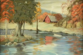 after ALDRO THOMPSON HIBBARD, N.A. (American 1886-1972)  A PAINTING, "Red House by the Lake,"