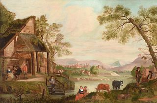NORTHERN ITALIAN SCHOOL, A MONUMENTAL PAINTING, "Bucolic Scene with Tavern, River, and City in Mountainous Landscape," PROBABLY LOMBARDY, 18TH/19TH C