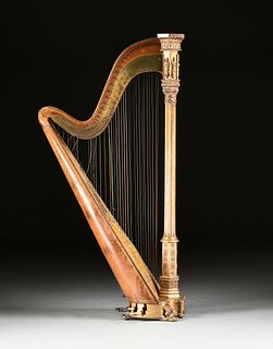 A BROWNE & BUCKWELL GOTHIC REVIVAL PARCEL GILT PAINTED BIRD'S EYE MAPLE CONCERT HARP, NEW YORK, 1870s,