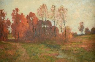 MAX WEYL (German/American 1837-1914) A PAINTING, "Vermilion Orange Landscape," 1892,