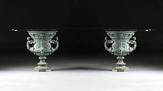 A LARGE GLASS TOPPED AND CAST IRON BANQUET TABLE, 19TH AND 20TH CENTURY,