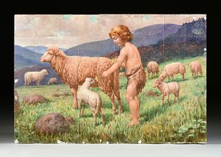 FRENCH SCHOOL, RELIGIOUS PAINTED TILE MURAL, "St. John the Baptist Feeding a Lamb,"  EARLY 20TH CENTURY,