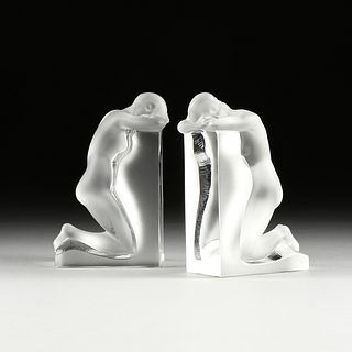 A PAIR OF LALIQUE "RÃŠVERIE" FROSTED CRYSTAL FIGURAL BOOKENDS, SIGNED, LATE 20TH CENTURY,