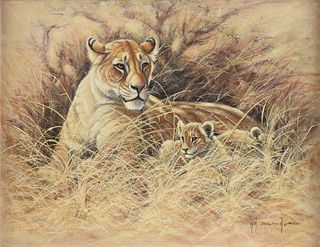 KIM BROOKS (British b. 1936) A PAINTING, "Lioness and Cubs,"