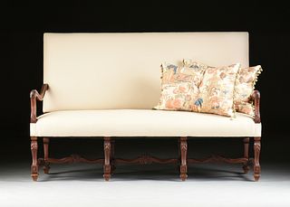 A LOUIS XIV STYLE FAUX LEATHER UPHOLSTERED WALNUT CANAPÃ‰, STAMPED J.B. ETIENNE, BRUXELLES, LATE 19TH CENTURY, 