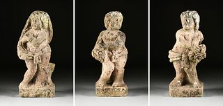 A GROUP OF THREE CONTINENTAL SEASONS GARDEN PUTTI STONE SCULPTURES, POSSIBLY ITALIAN, 19TH CENTURY,