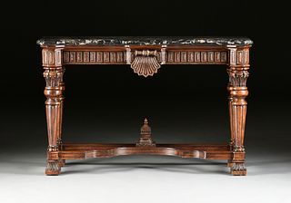 A BAROQUE REVIVAL STYLE MARBLE TOPPED CARVED WALNUT CONSOLE TABLE, MODERN, 