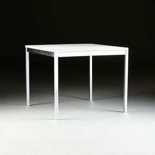 after FLORENCE KNOLL A WHITE LAMINATE AND BRUSHED STAINLESS STEEL DRAW LEAF TABLE, POSSIBLY BY KNOLL ASSOCIATES, THIRD QUARTER 20TH CENTURY,
