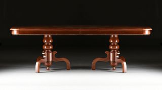A FEDERAL STYLE BURLED WALNUT TWO PEDESTAL DINING TABLE, 20TH CENTURY, 