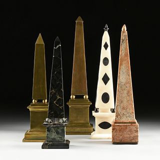 A GROUP OF FIVE GRAND TOUR STYLE MARBLE AND BRASS OBELISKS, ITALIAN, 19TH/20TH CENTURY,