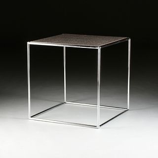 A PAIR OF ABSTRACTA FAUX GRANITE LAMINATE TOPPED CHROME TABLES, SIGNED, MODERN,