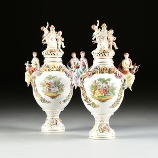 PAIR OF LARGE DRESDEN FLORAL ENCRUSTED AND PAINTED PORCELAIN LIDDED URNS, THIRD QUARTER 20TH CENTURY, 