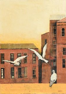 HERBERT RICHARD MEARS (American/Texas 1923-1999) A PAINTING, "Pigeons by Rooftops," 