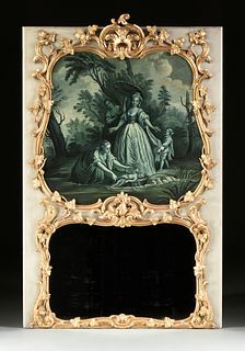 A LOUIS XV STYLE PARCEL GILT AND PAINTED TRUMEAU MIRROR, LATE 19TH CENTURY,