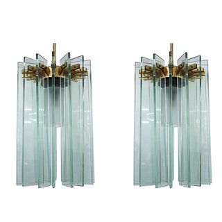 Pair of Fontana Arte Glass and Brass Chandeliers