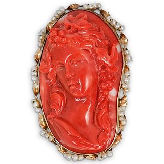 Antique 14k Gold, Red Coral, and Pearl Cameo Brooch