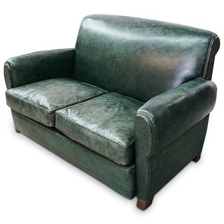 Art Deco Green Leather Loveseat Sofa
