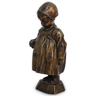Signed Young Girl Bronze Statue