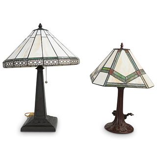 (2 Pc) Tiffany Style Slag Glass Bronze Lamps
