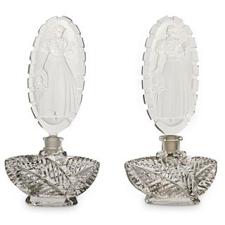 (2 Pc) Art Deco Glass Perfume Bottles w/ Figural Lady Stopper