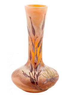 French Legras Cameo Glass Stick Vase, Signed