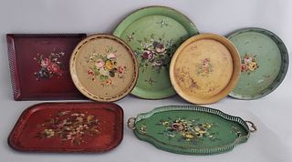 Seven Antique and Vintage French Tole Paint Decorated Serving Trays