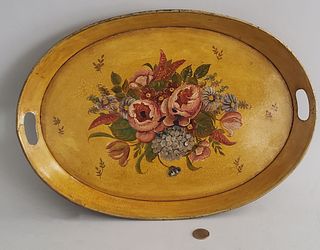 Antique French Tole Paint and Floral Decorated Oval Serving Tray
