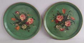 Pair of Antique French Tole Paint and Floral Decorated Platters