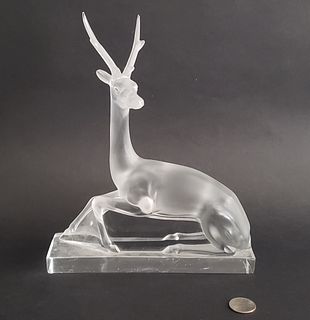 Signed French Lalique Frosted Glass Figural Cerf Stag Sculpture