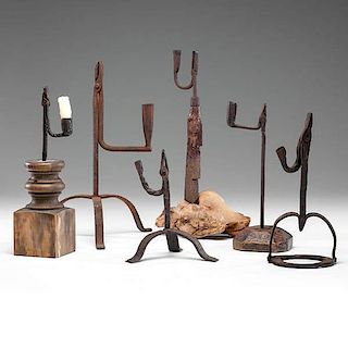 Group of Iron Rush Lights with Candle Holders 