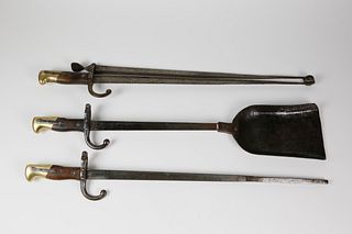 Set of Three French Walnut Forged Steel and Brass Bayonet Fire Tools, 19th century