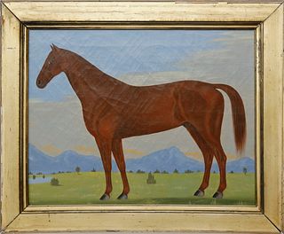 American School Oil on Canvas "Portrait of a Chestnut Arab Stallion in Mountainous Landscape"
