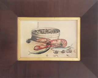 Antique Still Life Watercolor on Paper, "Lobster Clambake"