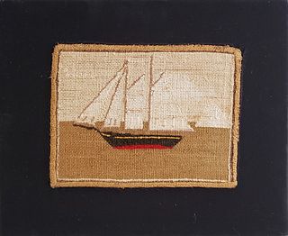 English Woolwork Needlepoint Picturing a Two Mast Schooner