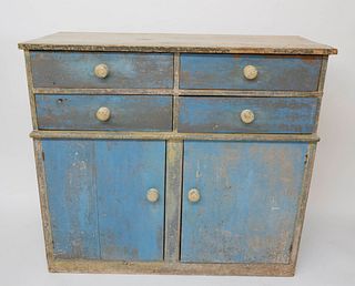 American Country Blue Painted Cupboard, 19th Century