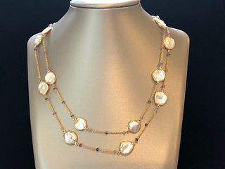 White Coin Pearl and Multi-Color Sapphire Necklace