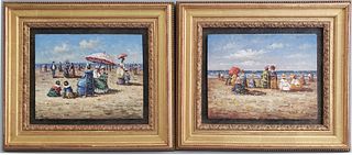 Two Decorative Oil on Board Paintings, "Beachside Victorians"