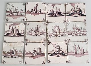 Nine Dutch Paint Decorated Ceramic Tiles, 19th Century