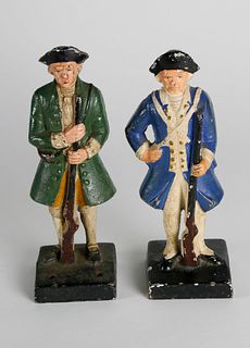 Two Cast Iron Hand Painted Colonial Minute Man Doorstops