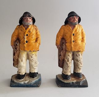 Two Vintage Cast Iron Old Salt Fisherman Doorstop Bookends